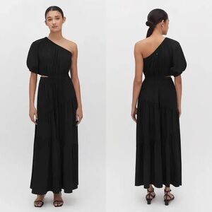 CUYANA Gathered One Shoulder Dress - Black
